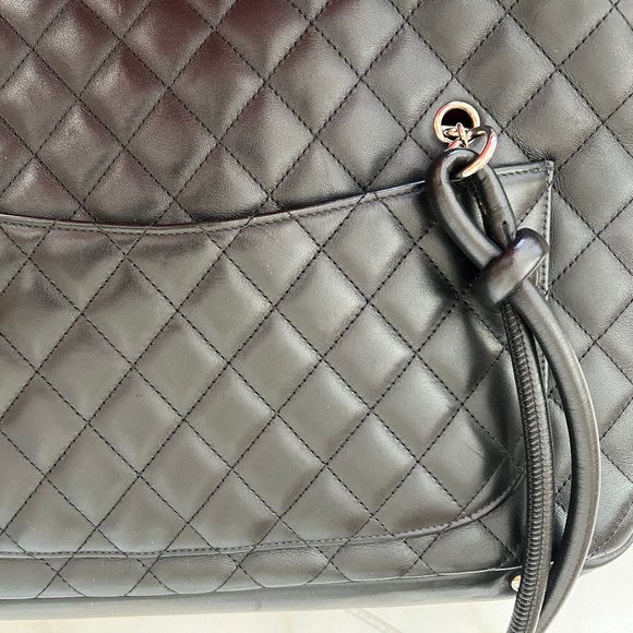 CHANEL Black Lambskin Leather Cambon Handbag Limited Edition White CC Logo RARE - Picture 10 of 16